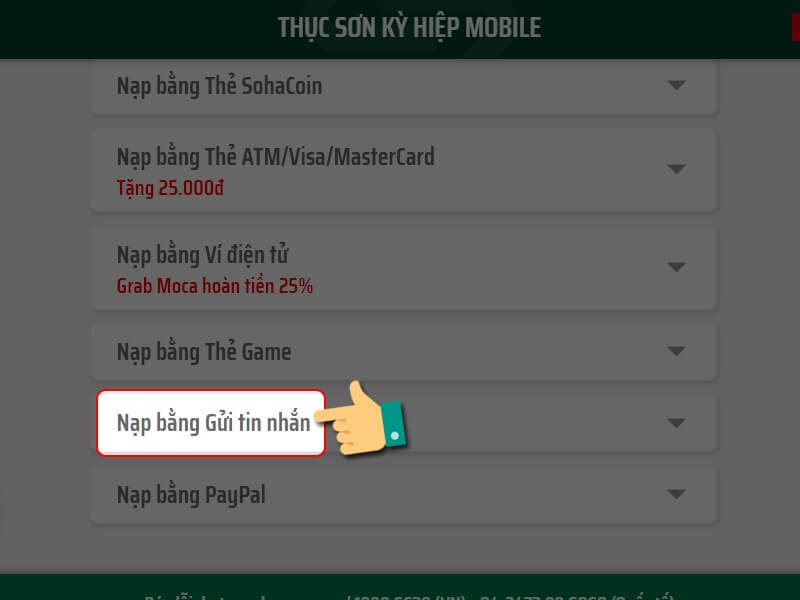 Chọn nạp bằng cách gửi tin nhắn SMS