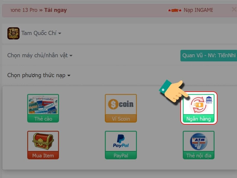 Nạp game bằng phương thức chuyển khoản