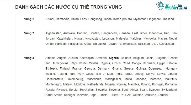 Danh sách vùng trong chuyển vùng quốc tế Vinaphone