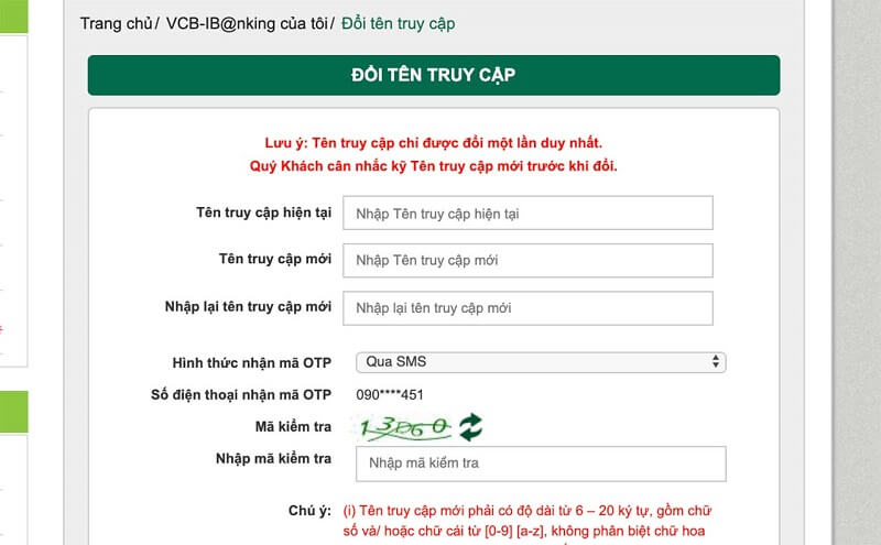 Một số lưu ý khi đổi số điện thoại Vietcombank