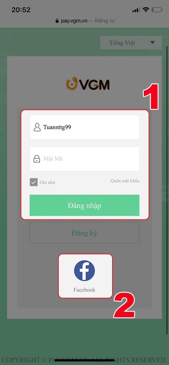 Đăng nhập tài khoản trên trang nạp game VGM