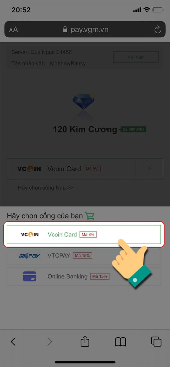 Chọn hình thức thanh toán là thẻ Vcoin