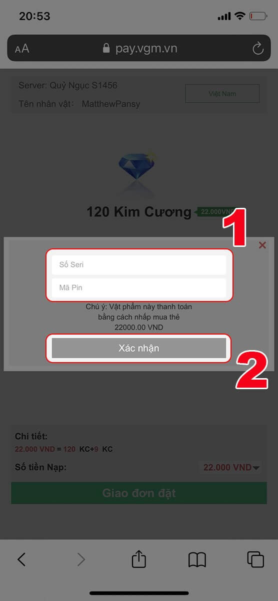 Điền số seri và mã pin trên thẻ
