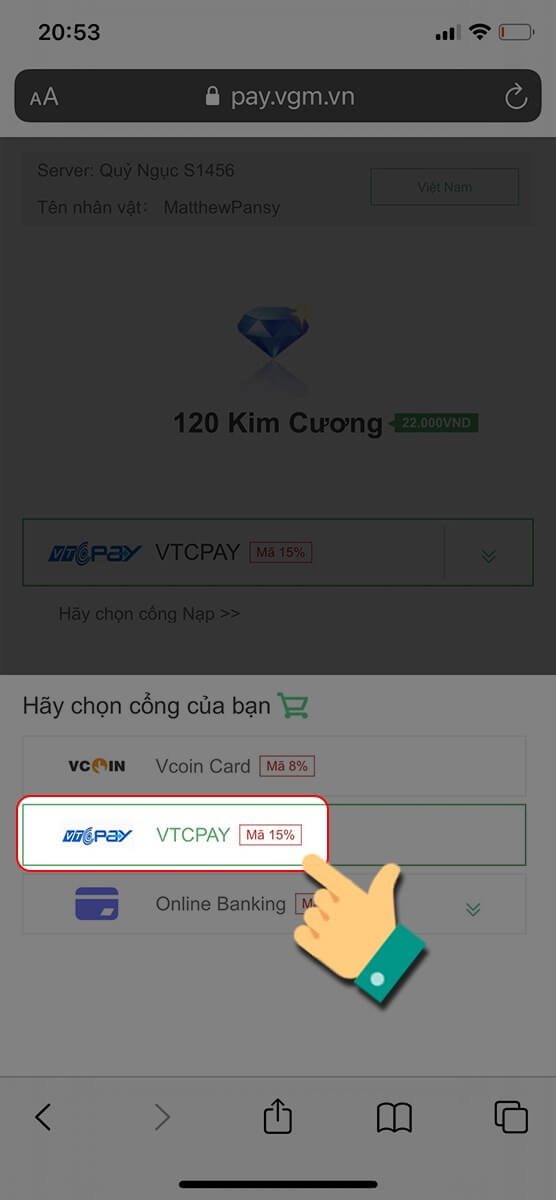Chọn hình thức thanh toán là VTC PAY