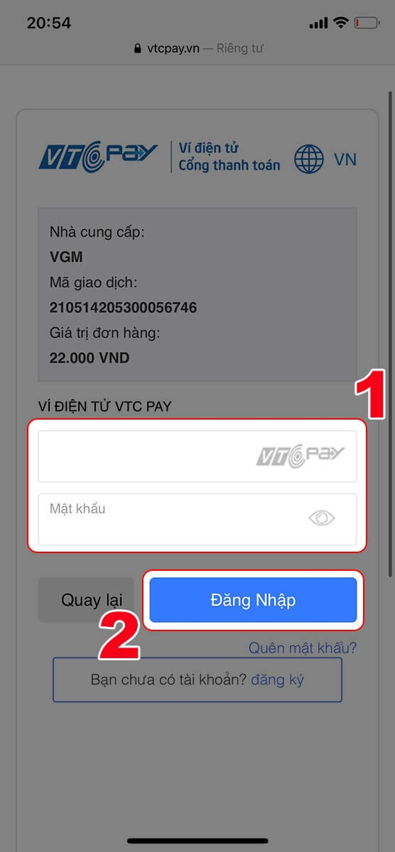 Điền thông tin ví để xác nhận