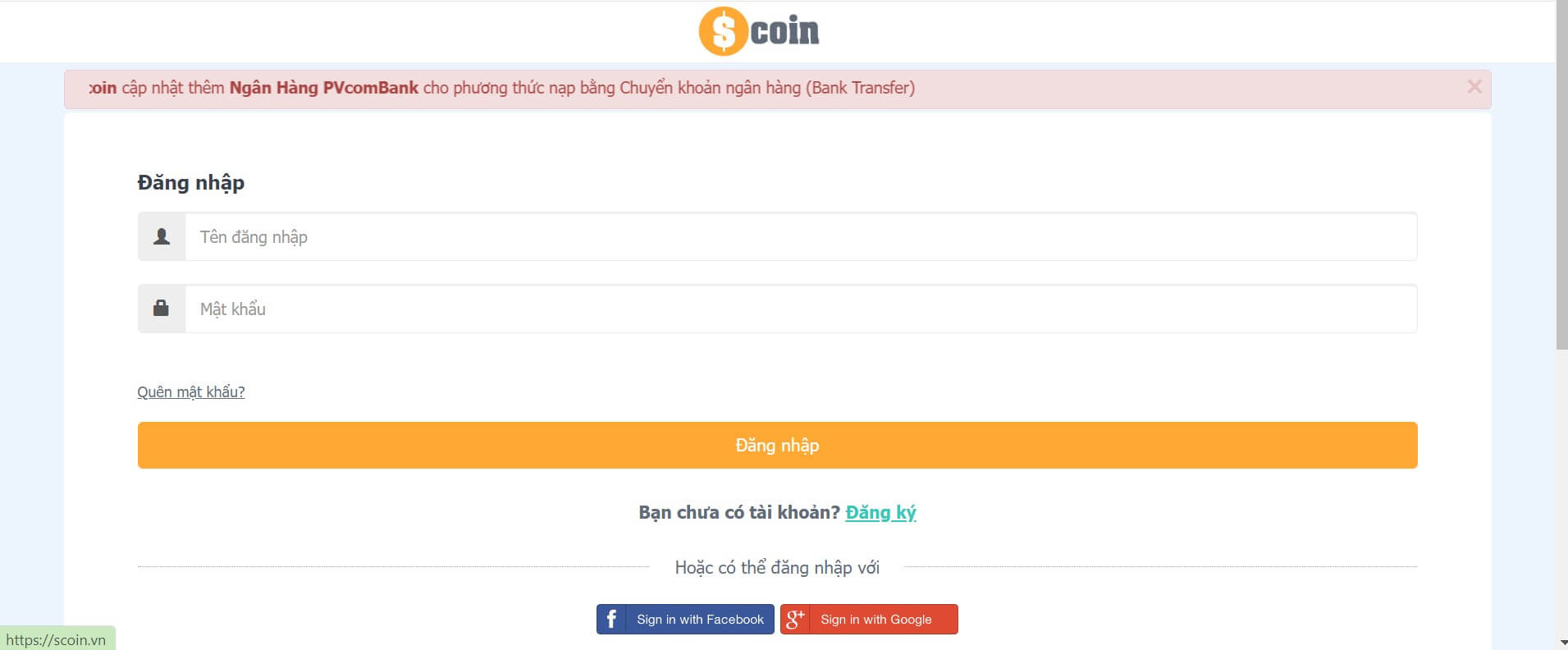 Đăng nhập tài khoản Scoin