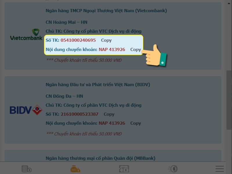 Chuyển khoản đến tài khoản được ghim sẵn