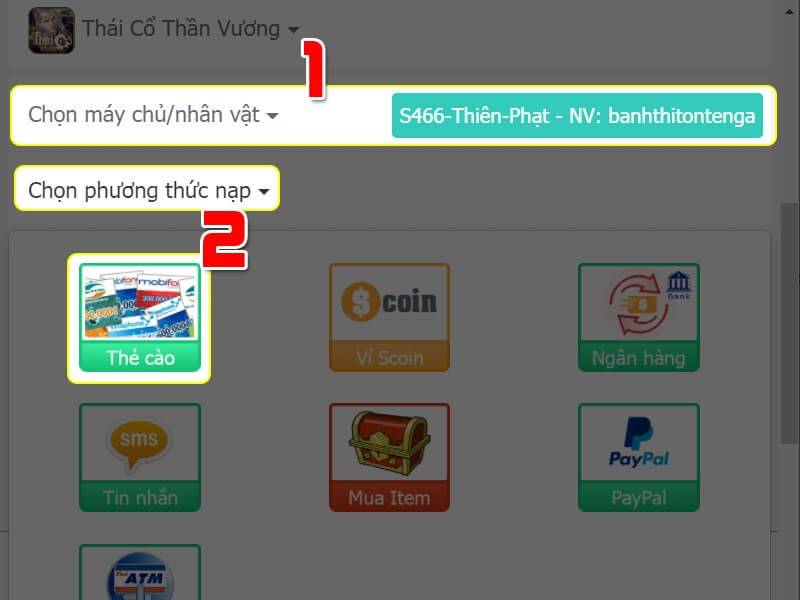 Điền thông tin máy chủ và lựa chọn phương thức nạp