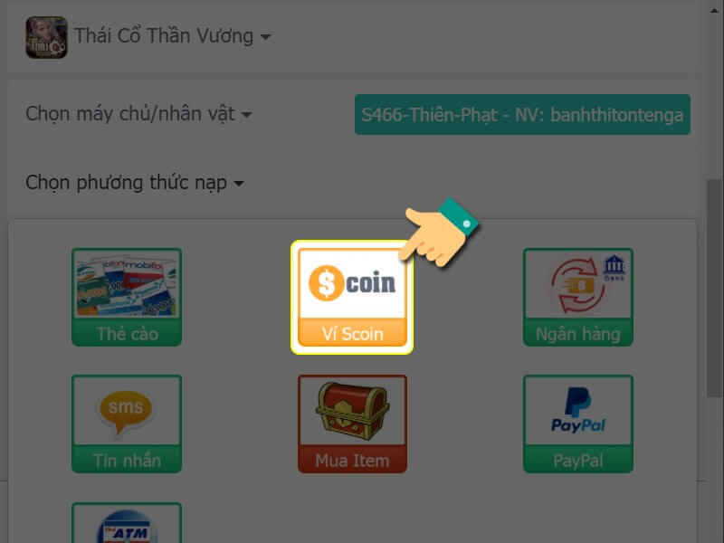 Lựa chọn phương thức thanh toán là ví Scoin