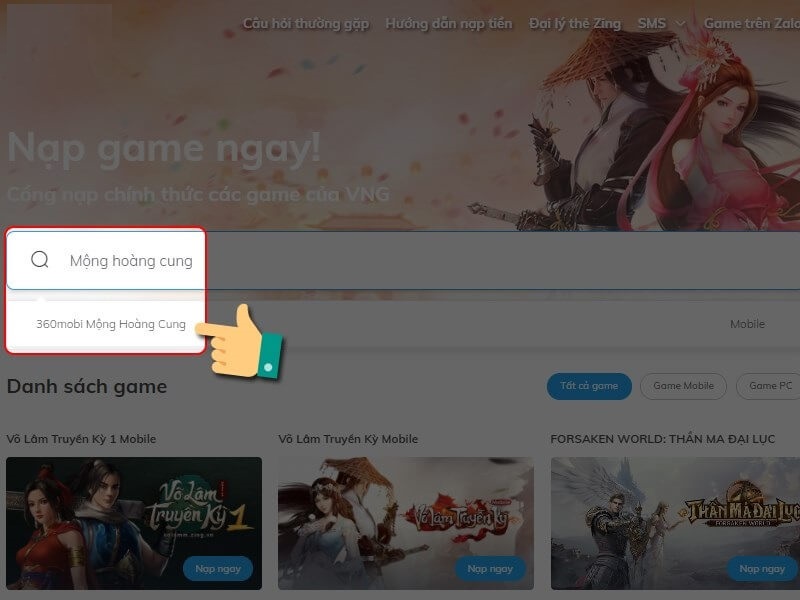 Nạp thẻ Mộng Hoàng Cung trên web Zingpay