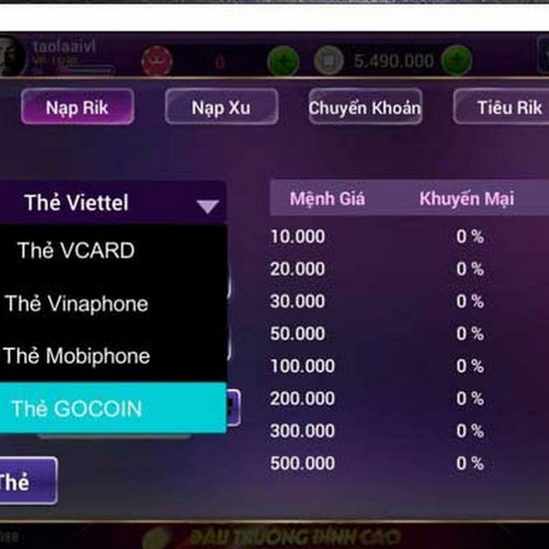 Mệnh giá thẻ Gocoin 