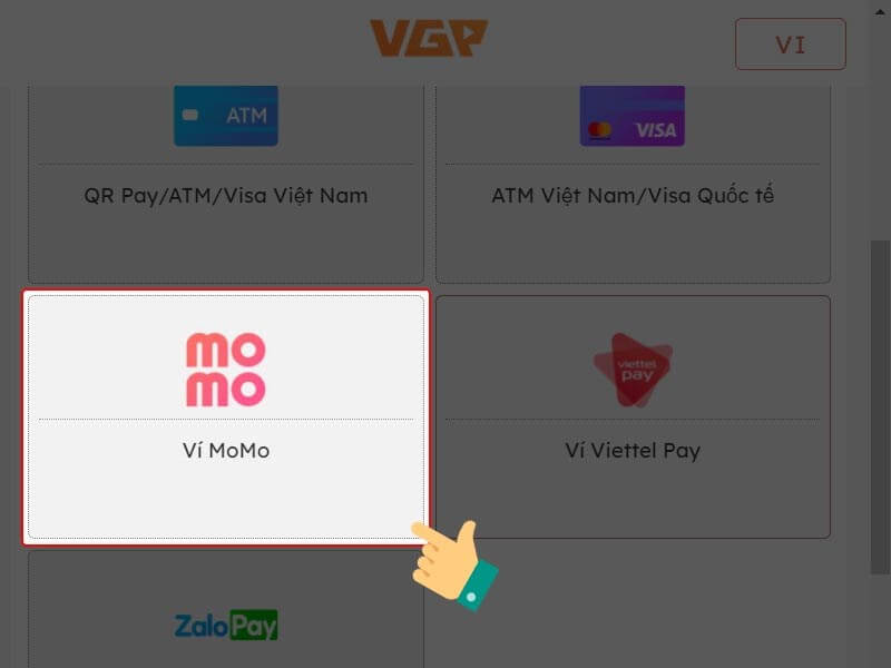 Chọn nạp bằng ví momo