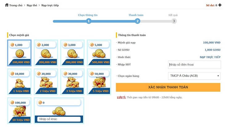 Nạp game cửu âm mobile qua trang chủ VNG