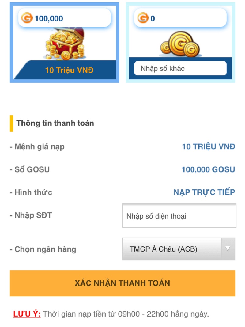 Nạp bằng tài khoản ngân hàng