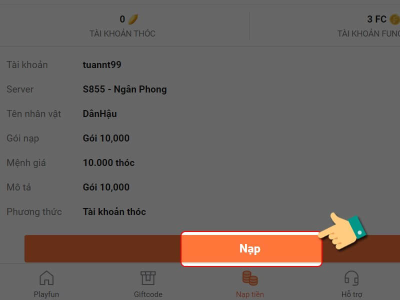 Nạp bằng tài khoản Thóc
