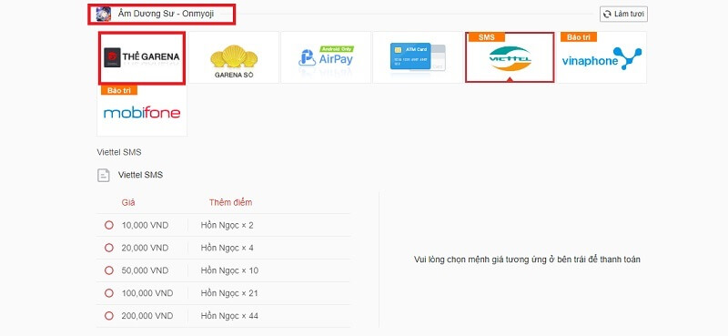Nạp thẻ âm dương sư bằng thẻ Garena