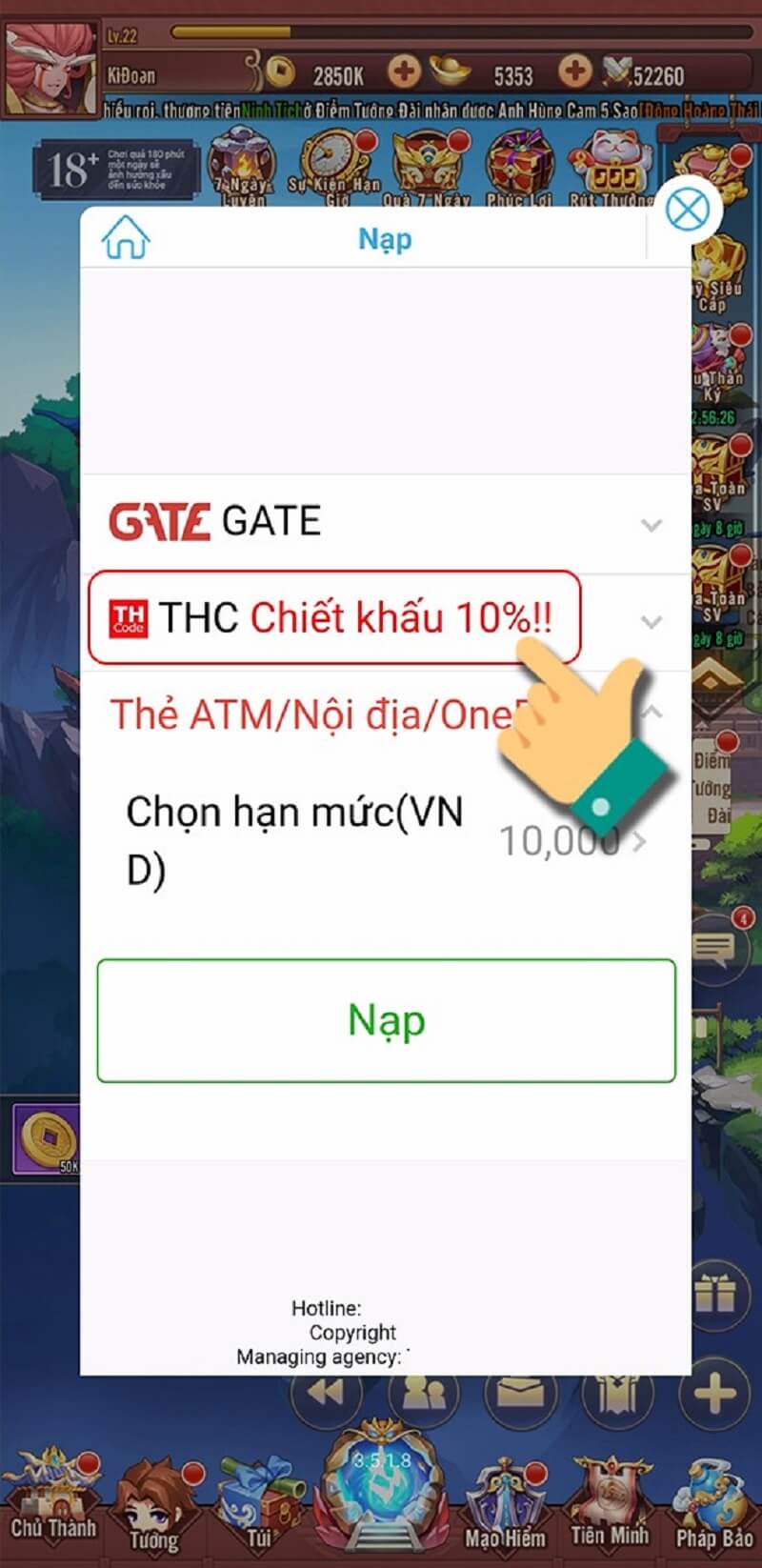 Nạp thẻ Luyện Yêu Ký qua thẻ THC