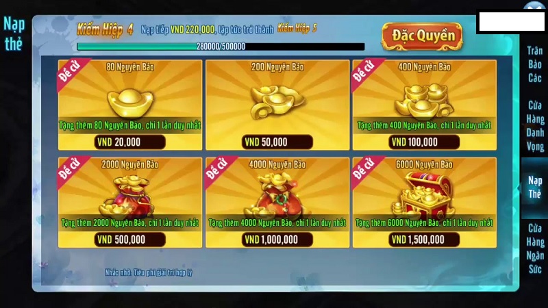 Các gói nạp vltk mobile
