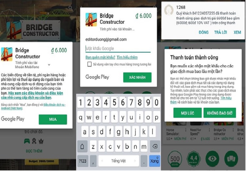 Xác nhận Google Play thanh toán qua Mobifone