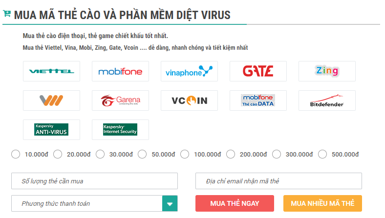 Mua thẻ cào điện thoại bằng visa