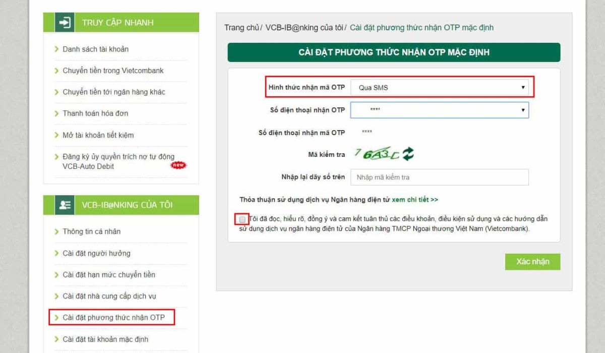 Quên mật khẩu internet banking Vietcombank