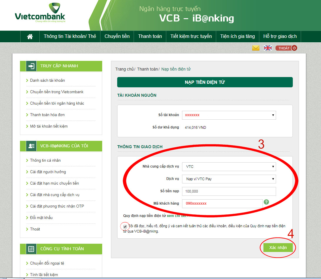 Quên mật khẩu internet banking Vietcombank