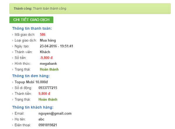 Đăng ký thành công khi nạp thẻ