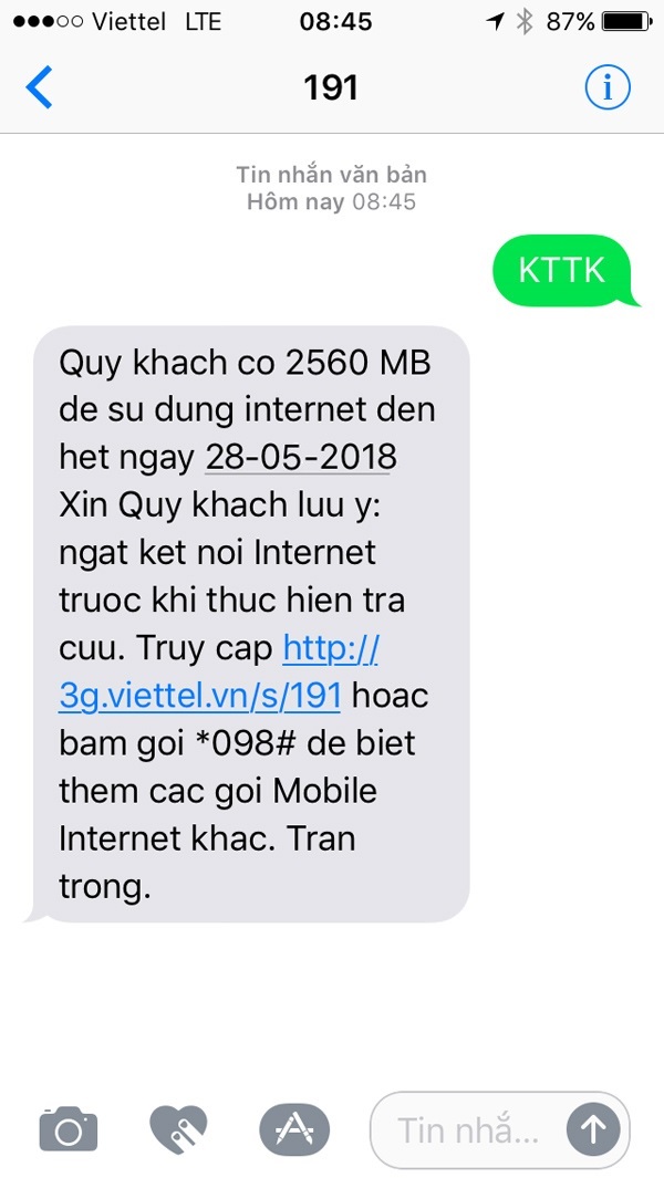 Kiểm tra lưu lượng 3G Viettel qua tổng đài 191