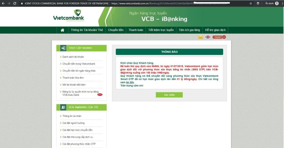 màn hình sau login vietcombank