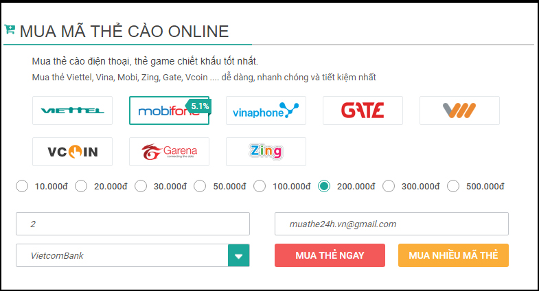 Mua thẻ điện thoại bằng internet banking Vietcombank
