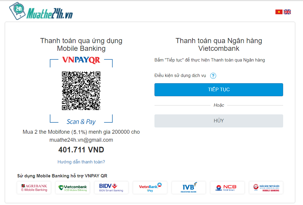 mua thẻ điện thoại Online Vietcombank