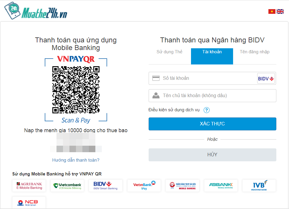 Hoàn tất thông tin để thực hiện giao dịch nạp tiền điện thoại BIDV
