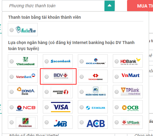 Chọn ngân hàng BIDV để thực hiện giao dịch