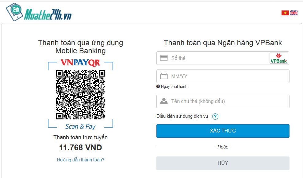 Nạp thẻ cào điện thoại qua ngân hàng VPBank 