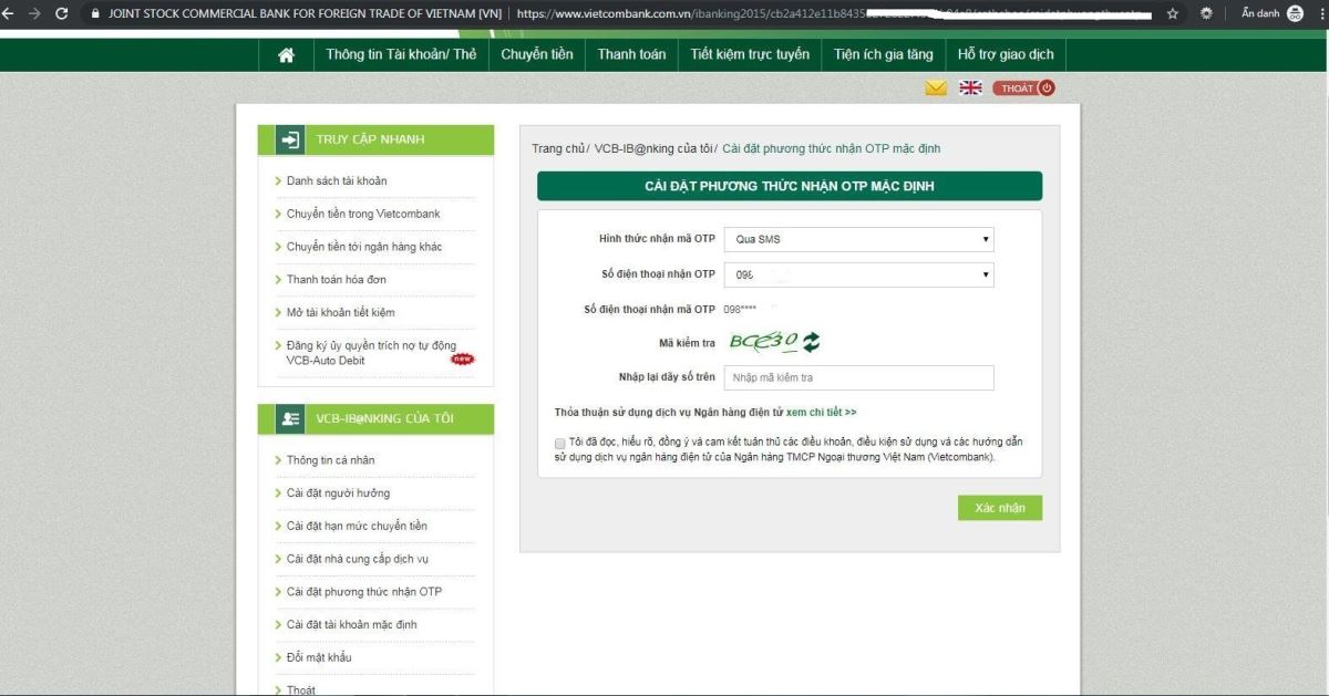 cài đặt phương thức OTP