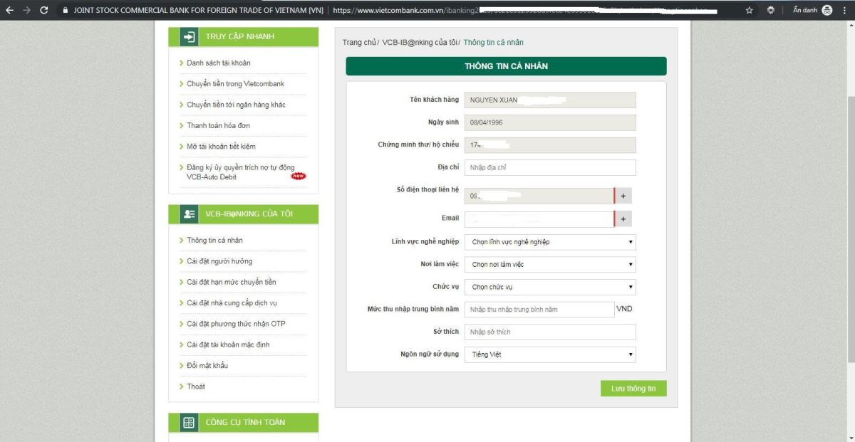 thông tin cá nhân vietcombank
